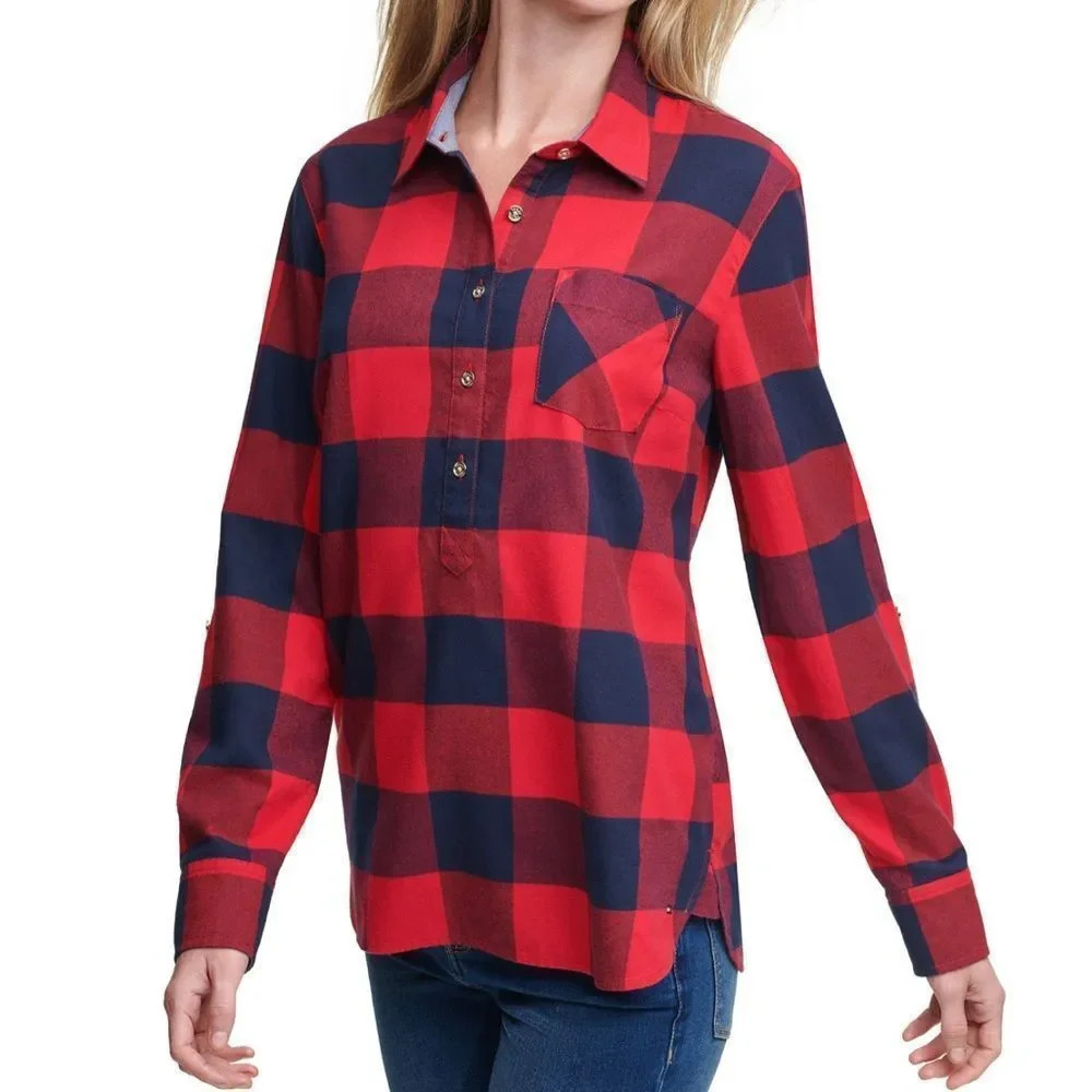 Tommy Hilfiger Red Plaid Long‎ Sleeve Half Button Down Roll Tab Women’s Shirt